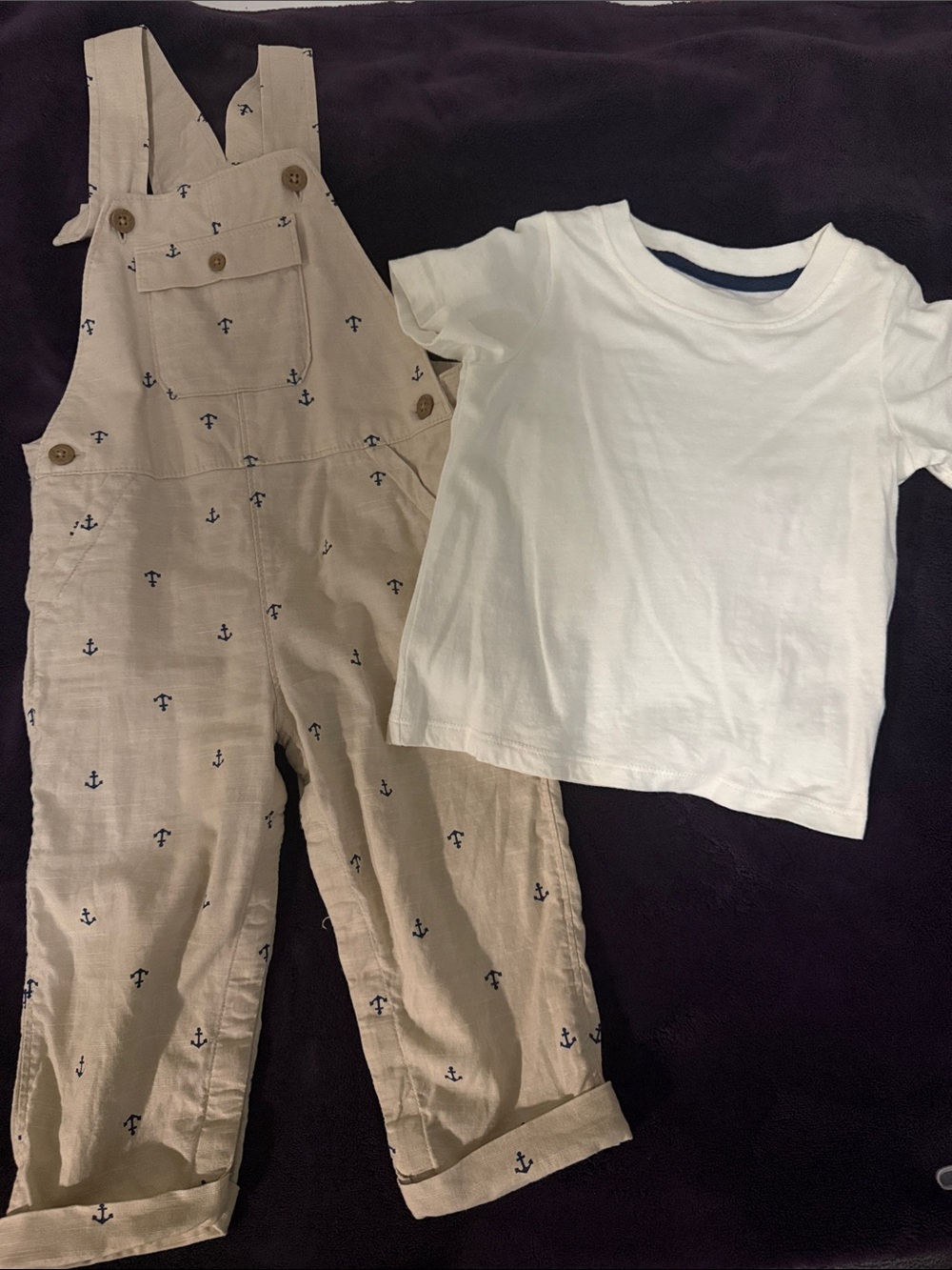 Kids Anchor-Print Tan Overalls with White Tee